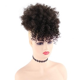 AISAIDE High Afro Puff Drawstring Ponytail Bun with Bangs for Black Women Short Afro Kinky Curly Ponytail Extension Clip in Hair Extensions Pineapple Synthetic Nature Black Ponytail with Two Clips(2#)