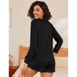 Ekouaer Womens Pajama Sets 2 Piece Lounge Set Casual Long Sleeve With Lounge Shorts Loungewear Matching Sweatersuit Outfits Sleepwear Black S