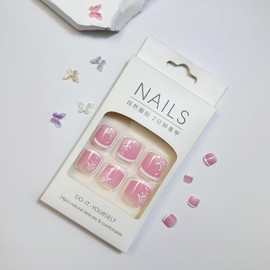Press on Toenails French Tips Toe Nail Press ons Fake Toe Nails Pink False Toenails Glossy Full Cover Acrylic Glue on Toenails with Designs Flower Artificial Stick on Toenails for Women Manicure
