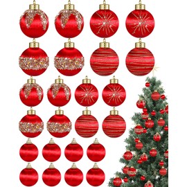 Poen 24 Pcs Christmas Balls Ornaments 3 Size Satin Silk Christmas Hanging Ball Decorations Luxury Shatterproof Christmas Tree Decor for Xmas Holiday Wedding Party Decoration (Red)