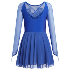 ODASDO Figure Skating Dress for Women Ice Skating Costumes Teenager Girls Mesh Long Sleeve Criss Cross Back Sparkly Sequin Chiffon Skirted Leotard Gymnastics Competition Ballet Dancewear Royal Blue XL