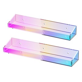 Bakzon 2 Pack Acrylic Shelves for Wall Storage, 15" Floating Shelves, Kids Bookshelf, Nail Polish Holder, Perfume Display Shelf Organizer for Bathroom, Bedroom, Living Room, Iridescent