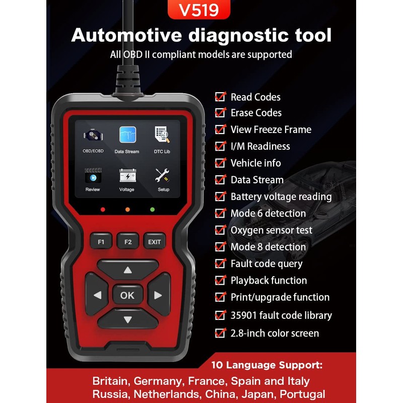 Outzone V519 OBD2 Escáner de visualización a color con certificación