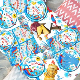 Splish Splash Birthday Decorations Tableware, 142 Pcs Summer Birthday Party Decorations includes Water Slide Party Decorations Plates and Napkins for Waterslide Party Decorations Pool Birthday Party