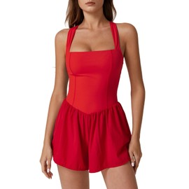 QINSEN Women's Tank Top Romper Square Neck Sleeveless Y2k Shorts Jumpsuit Playsuits Red XL
