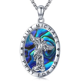 Friggem 925 Sterling Silver St Michael Pendant Necklace for Men Women The Archangel Saint Michael Medals Protect Us Jewelry Gifts with Abalone Shell