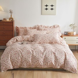 Pink Floral Girls Comforter Set Twin XL Vintage Country Style Floral Bedding Comforter with 2 Ruffle Pillowcases 3 Pieces Boho Cute Flower Comforter Fluffy Cottagecore Bedding Botanical Comforter Set