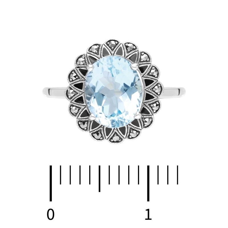 Esse Marcasite Sterling Silver Black Enamel Victorian Blue Topaz &