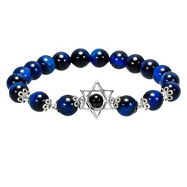 KYEYGWO Six Pointed Star Crystal Stone Bracelet for Unisex, 8 mm Beads Bracelet Healing Reiki Meditation Stretch Bracelet, 16 cm, Blue Tiger's Eye, stone