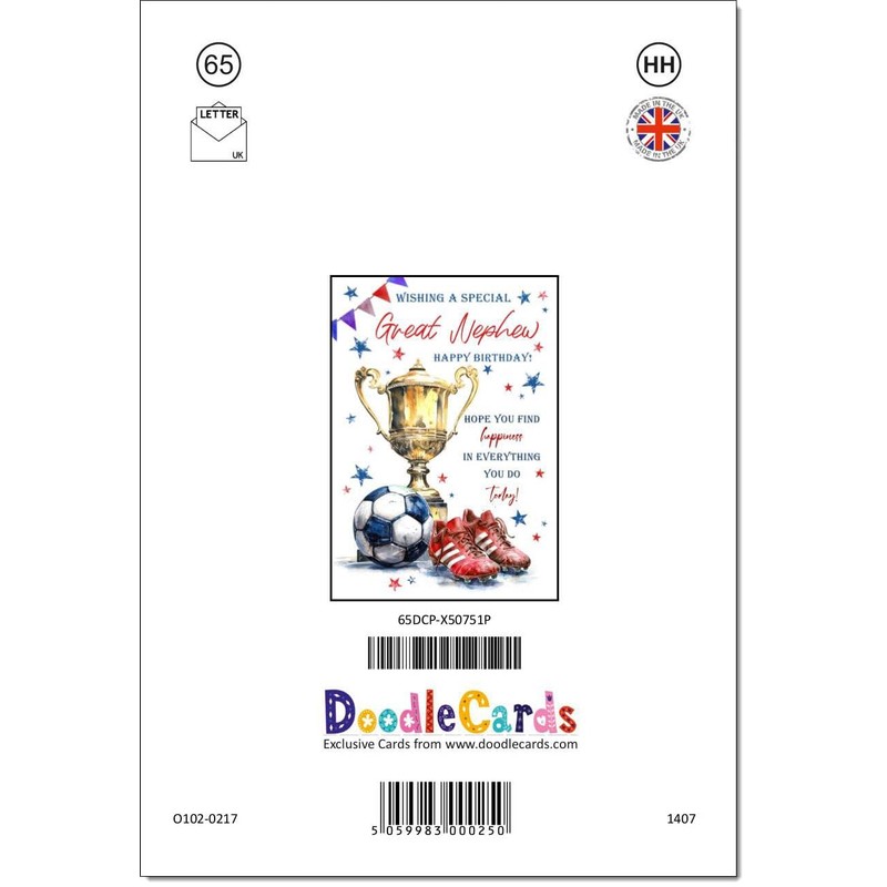 doodlecards Great Nephew Birthday Card Footballer's Trophy Large A4 Size