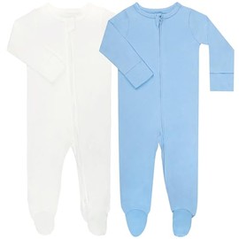 GUISBY Footed Long Sleeve Baby Pajamas with Zipper Cotton Infant Sleepers Light Blue+White 0-3 Months