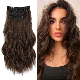 Clip in Chocolate Brown Hair Extensions, Naturally Soft Hair & Blends Well Light Brown Hair Extensions, Double Weft Long Wavy Thick Hairpieces for Women, 4Pcs Synthetic Hair Extensions(20Inch)