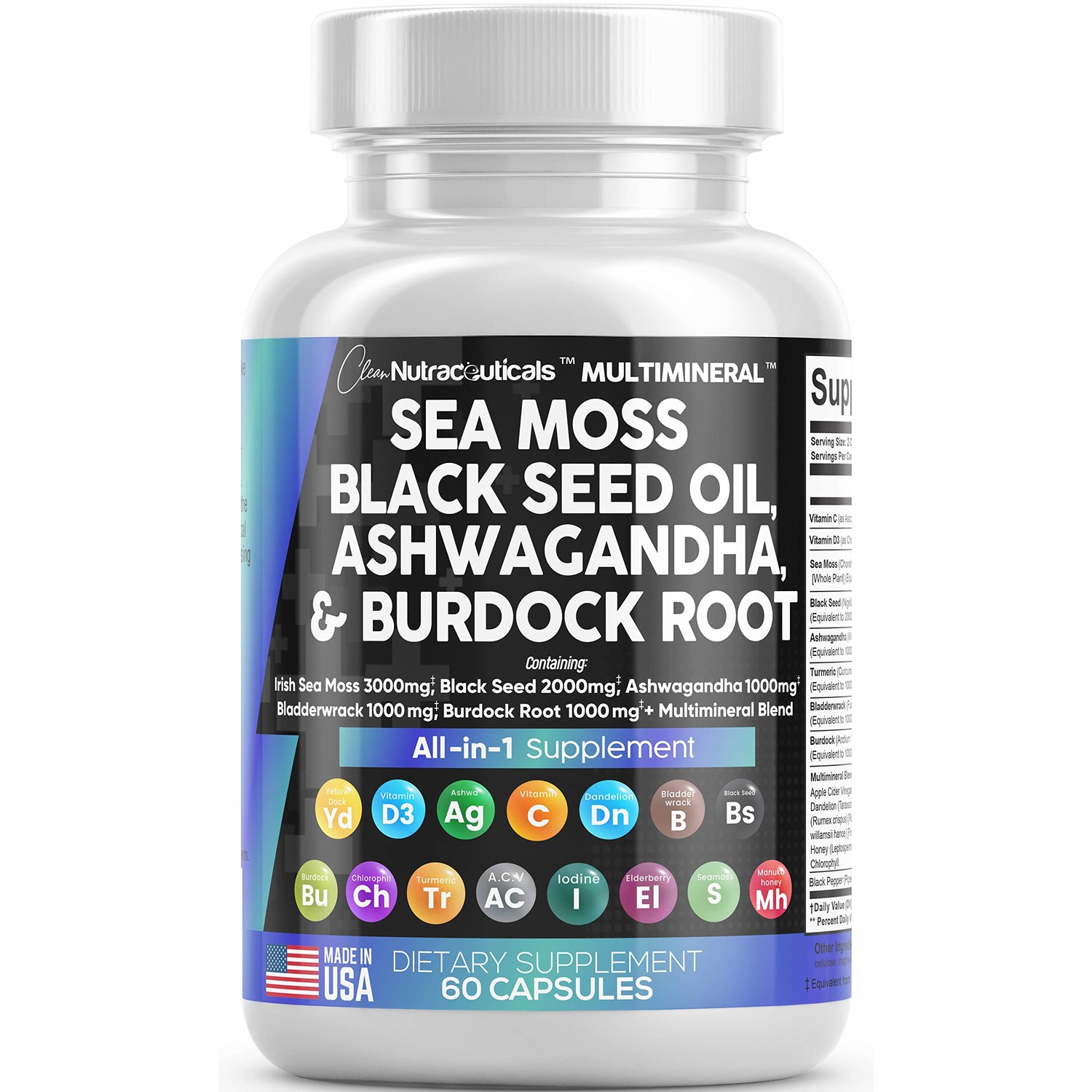Clean Nutraceuticals Sea Moss 3000mg Black Seed Oil 2000mg Ashwagandha ...