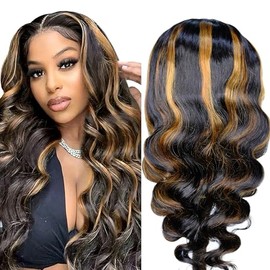 U Part Human Hair Wig Body Wave Highlight Wig #1b/30 Upgrade Human Hair Wig Ombre with Clips Brown Wigs for Black Women 180% Density No Leave Out Blonde and Brown Wig(26inch)