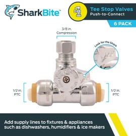 SharkBite 1/2 x 1/2 x 3/8 Inch Compression Tee Stop Valve, Pack of 6, Push to Connect Brass Plumbing Fitting, PEX Pipe, Copper, CPVC, PE-RT, HDPE, 24984ZC