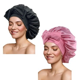 SSX-KJ 2 Pzs Gorro de Dormir de Satén,Gorro de Dormir de Seda Suave,Adecuado para Cabello Rizado,Liso,Largo y Corto,Transpirable,Diadema Ancha Ajustable,Negro+Rosa