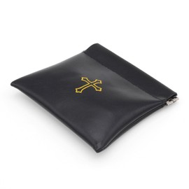 Squeeze Top Rosary Pouch Black Faux Leather with Cross Imprint
