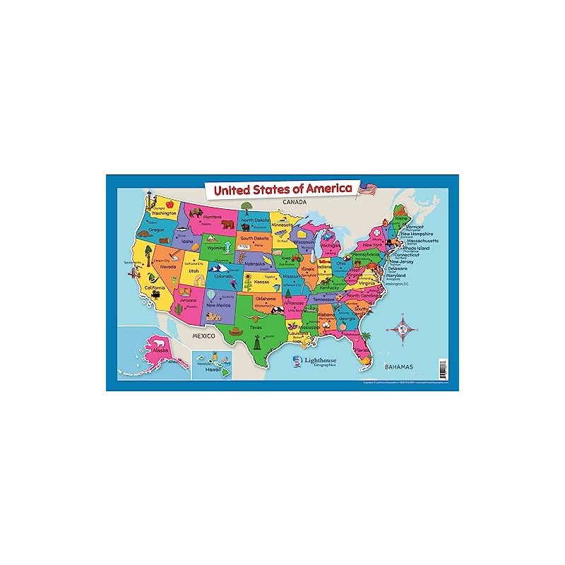 USA Wall Map for Kids with Illustrations- United States Poster