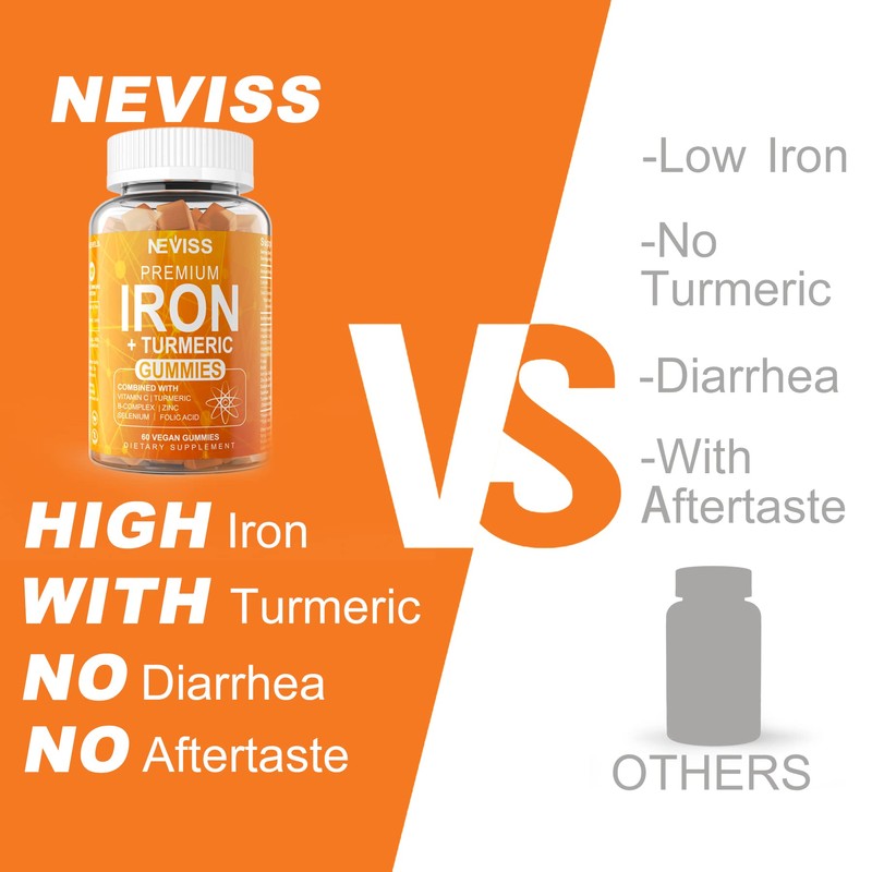 NEVISS 2 Pack Iron Gummies with Turmeric, Vitamin C+ Sugar