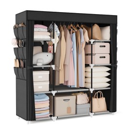 VTRIN Portable Closet Wardrobe for Hanging Clothes 57.3 Inch Large Capacity Clothes Rack with Cover, 10 Storage Organizer Shelves, 1 Hanging Rods and 6 Pockets, Free Standing Closet for Bedroom, Black