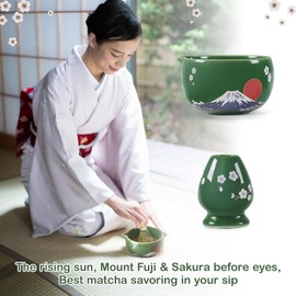 DUJUST 8 pcs Unique Fuji Sakura Matcha Whisk Set, Ceramic Matcha Set with Matcha Bowl, Matcha Whisk & Holder, Bamboo Scoop, Scoop Holder, Sifter, Tea Towel&Gift Package, Gift for Matcha Lovers - Green