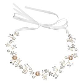 GSHLLO Crystal Flower Headband Bridal Rhinestone Hair Band Floral Bride Head Band Wedding Pearl Hairband Bridesmaid Hair Vine with Ribbon for Prom Party