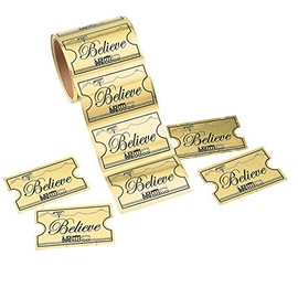 Gold Foil Believe Ticket Sticker Rolls - Jumbo 100 Sticker Roll - Christmas Supplies for Kids