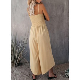 Dokotoo One Piece Jumpsuits for Women Knit V-Neck Adjustable Straps Ruched Drawstring Smocked Casual Rompers Wide Leg Jumpsuit with Pockets Khaki Medium