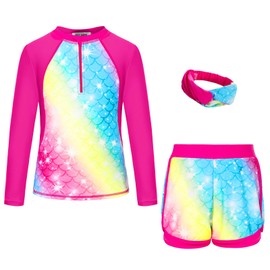 Girls Swimsuit Long Sleeve with UPF Sun Protection 2-Piece Rash Guard Set with Hairband Rose Red 12Y