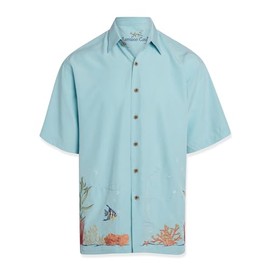 Bamboo Cay Men's Coral Harmony Embroidered Casual Button Down Shirt (Large, Aqua)