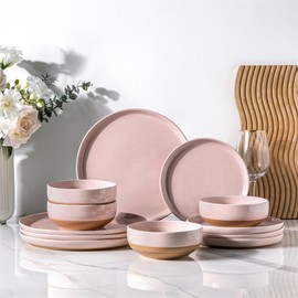 AmorArc Ceramic Dinnerware Sets for 4, 12 Pieces Handpainted Plates and Bowls Set with Rustic Terracotta Underside, Scratch Resistant Stoneware Dishes Set, Dishwasher & Microwave Safe, Beige
