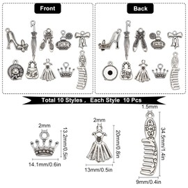 SUNNYCLUE 1 Box 100Pcs 10 Styles Perfume Charms High Heel Shoe Charm Tibetan Style Antique Silver Makeup Lipstick Bag Fashion Charm for Jewelry Making Charms Bracelet Earring Necklace Women DIY Crafts