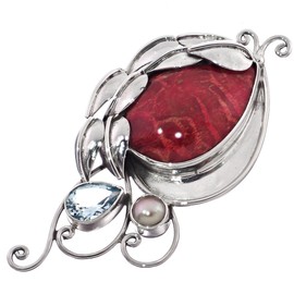 Blue Topaz Genuine Red Coral 925 Sterling Silver Sliding Pendant, 2"