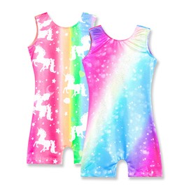 Nymphperi Girls Gymnastics Leotard Size 6-7 Years Old Sparkly Rainbow Biketard with Shorts Shiny Unicorn Unitards 2 Pack