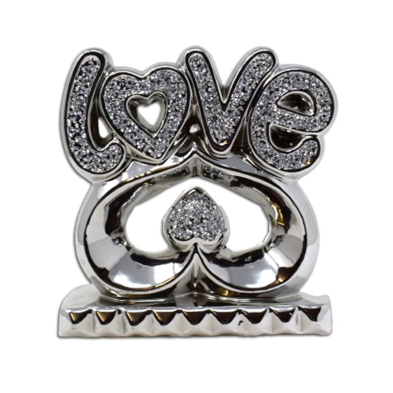 Silver Crushed Diamonds Love Sign on Heart Sparkle Ornaments |