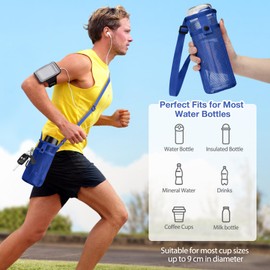 BINSUNS Water Bottle Bag with Strap, Mesh Holder Crossbody Sling Bag Shoulder Strap and Pocket - Lightweight Carrier for Walking Sports Hiking Camping (Royal Blue)