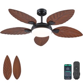 PHORUS 52 Inch Tropical Ceiling Fans with Lights and Remote,Outdoor Palm Leaf Ceiling Fan for Patios Porch Bedroom, Dimmable, 6 Speeds, Reversible, Dark Brown