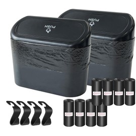 Kitbest (2 Pack Car Trash Can Bin with Lid, 120 pcs Trash Bags and 4 pcs Car Hooks. Mini Car Garbage Can, Dustbin Can Organizer Storage for Front Back Seat Accessories for Car Office Home