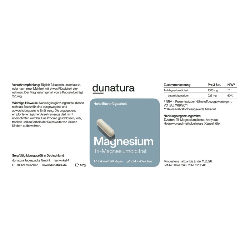Magnesium Capsules - Tri-Magnesium Dicitrate - 84 Pieces (1 Month)