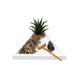 Nature's Mark Mini Zen Garden Kit for Desk with Rake, White Sand, White Triangle Base, Crystal Rock, Mini River Rocks and Air Plant, (7Lx6W Triangle W)