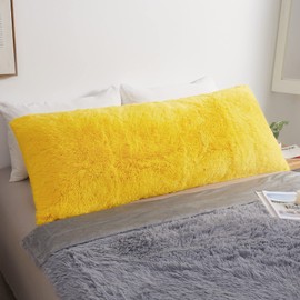 MEGO Luxury Fluffy Body Pillow Cover, 20x54 Shaggy Faux Fur Body Pillow Case, Soft Plush Fuzzy Body Pillowcase, Decorative Furry Long Bed Pillow with Zipper Closure Hug Pillow for Bedroom Yellow