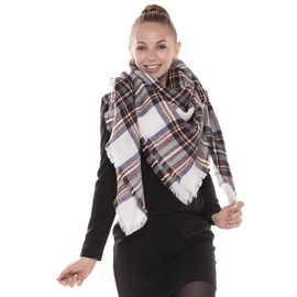 BYOS Women Winter Chic Tartan Plaid Versatile Blanket Scarf Wrap Shawl (White Navy)