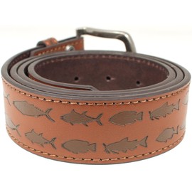 Fish Pattern Leather Belt Strap and Metal Buckle 1.5" Wide with Snaps - Ocean Lake River Fishing Angler Bass (Brown-L)