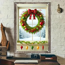 BlissYard Christmas Window Cover 31x47 Inch Wreath Garland Window Banner Snowy Forest Red Green Gold Holiday Backdrop Indoor Outdoor Xmas Decoration with Pine Branch Ornaments and Waterdrop