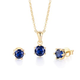 Ladies 9 Carat Gold on Sterling 925 Solid Fine Silver 1.5 Carat Blue Sapphire Pendant Necklace & Earrings Set