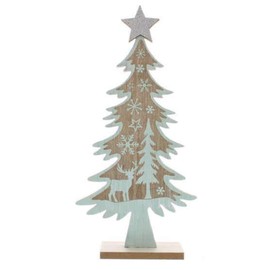 Wooden Christmas Tree Shaped Table Top Decoration with Reindeer Stag Tree & Snowflakes 31cm Tall