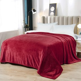 BYTIDE Solid Color Flannel Fleece Queen Bed Blanket with Storage Pouch, Portable Luxury Fuzzy Soft Plush Lightweight Breathable Large Bed Blankets for All Seasons, 90 x 90 Inches, Burgundy