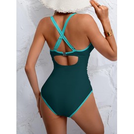 B2prity Women's V Neck One Piece Swimsuit Tummy Control Slimming Bathing Suit Double Straps Crisscross Back Swimwear