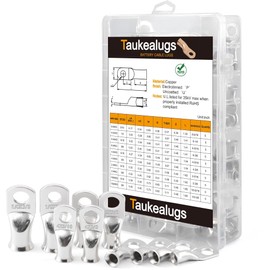 Battery Cable Ends Terminal Connectors Wire Copper Lugs Assortment Kit AWG 8 6 4 2 1/0 Gauge 5/16 3/8 Tinned Crimp Marine Ring Eyelets-10 Sizes 50PCS