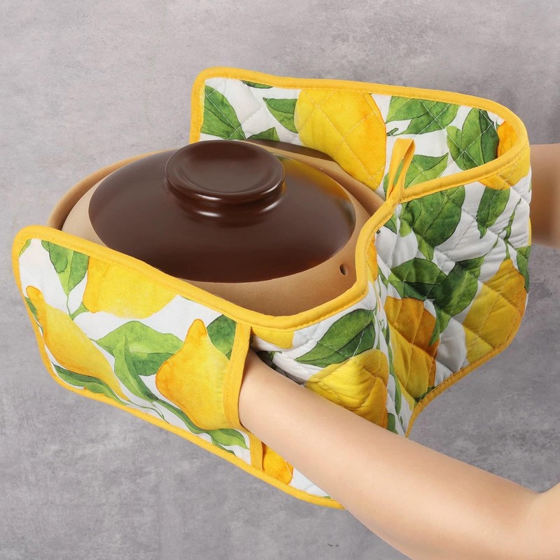 Double Oven Gloves Heat Resistant Yellow Ovens Mitt Cotton Potholders